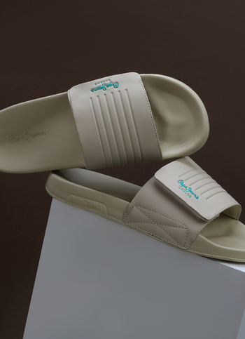 Men Beige Solid Velcro Strap Slides