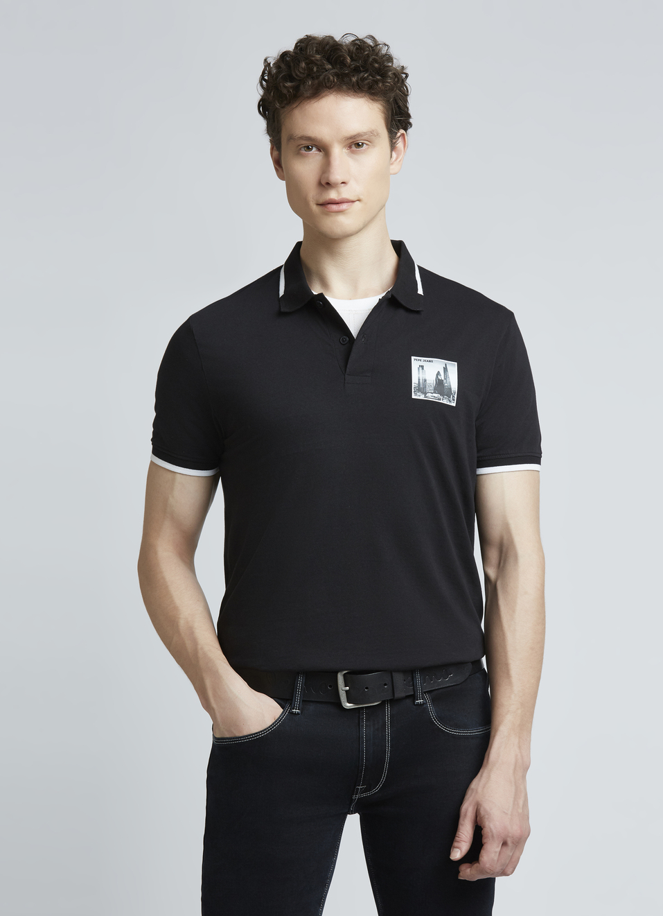 Black Graphic Print Short Sleeve Polo, , large image number 0