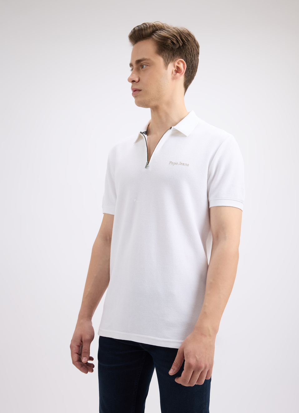 Men White Short Sleeve Zipper Polo, , large image number 3