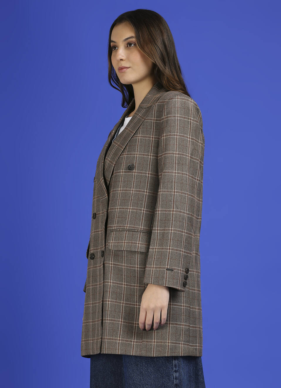 Brown Check Full Sleeve Long Jacket, , large image number 3