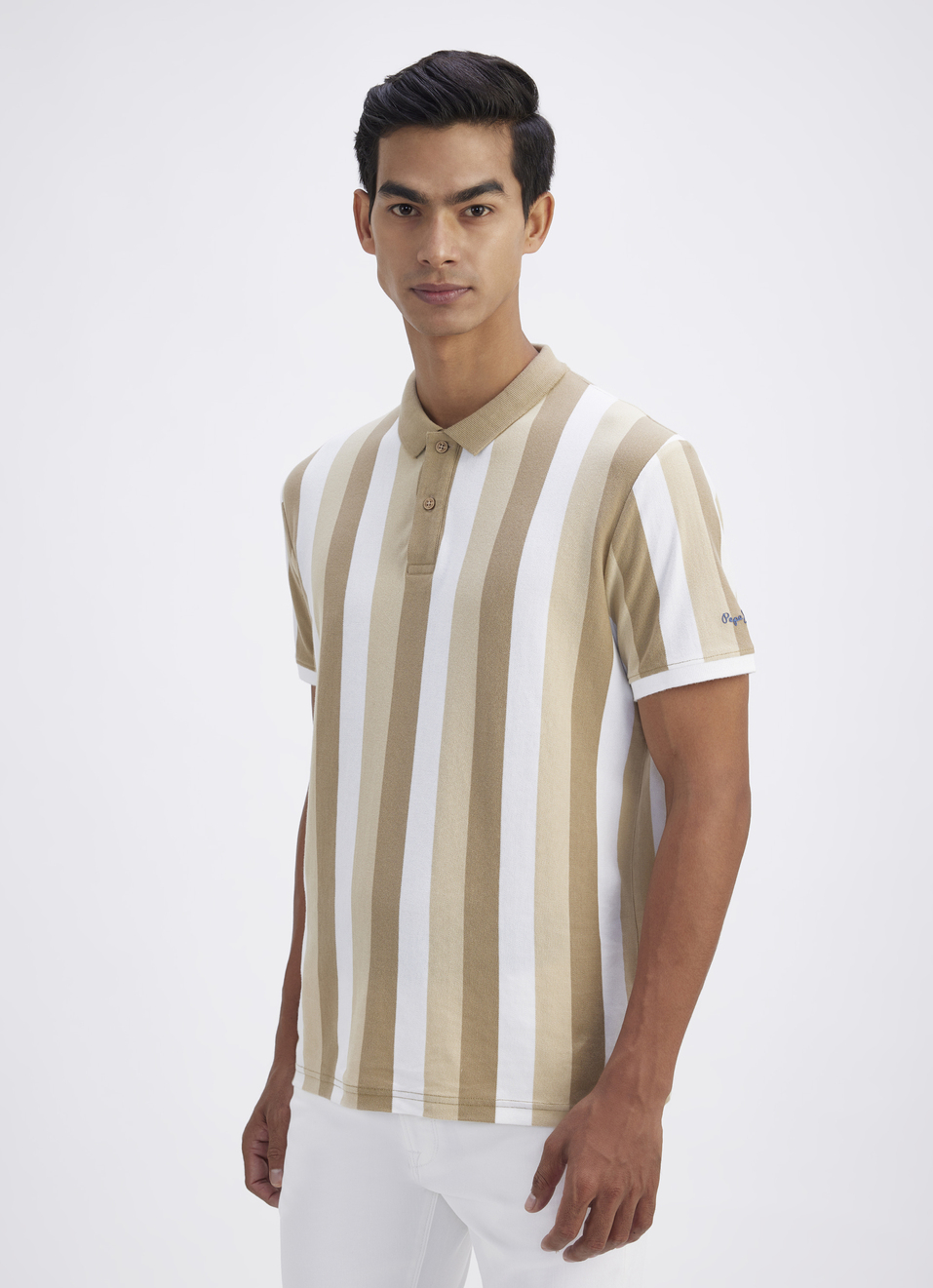 Men Beige All Over Stripe Short Sleeve Polo, , large image number 3