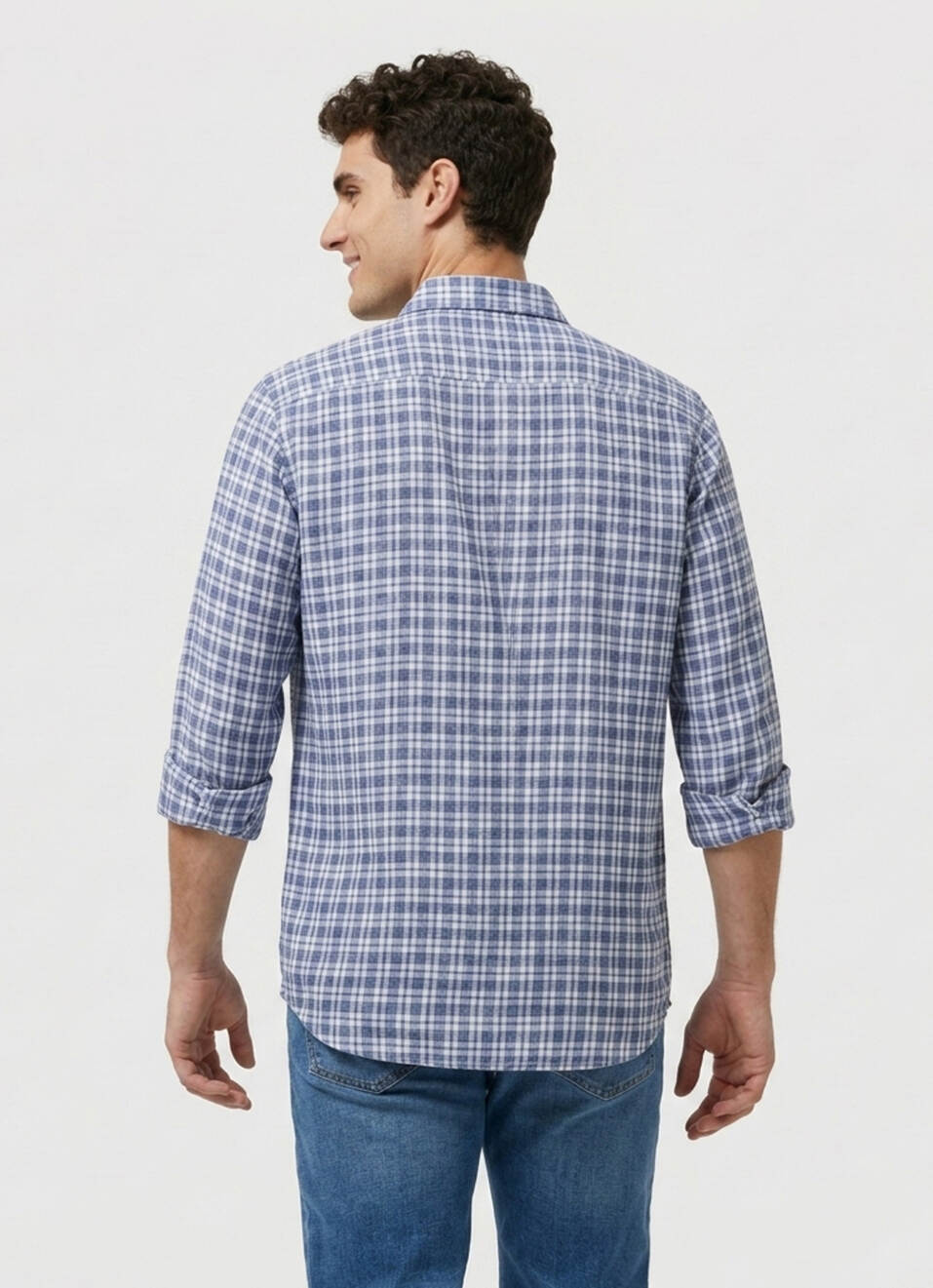 Men Blue Checked Herringbone Long Sleeve Shirt, , large image number 2