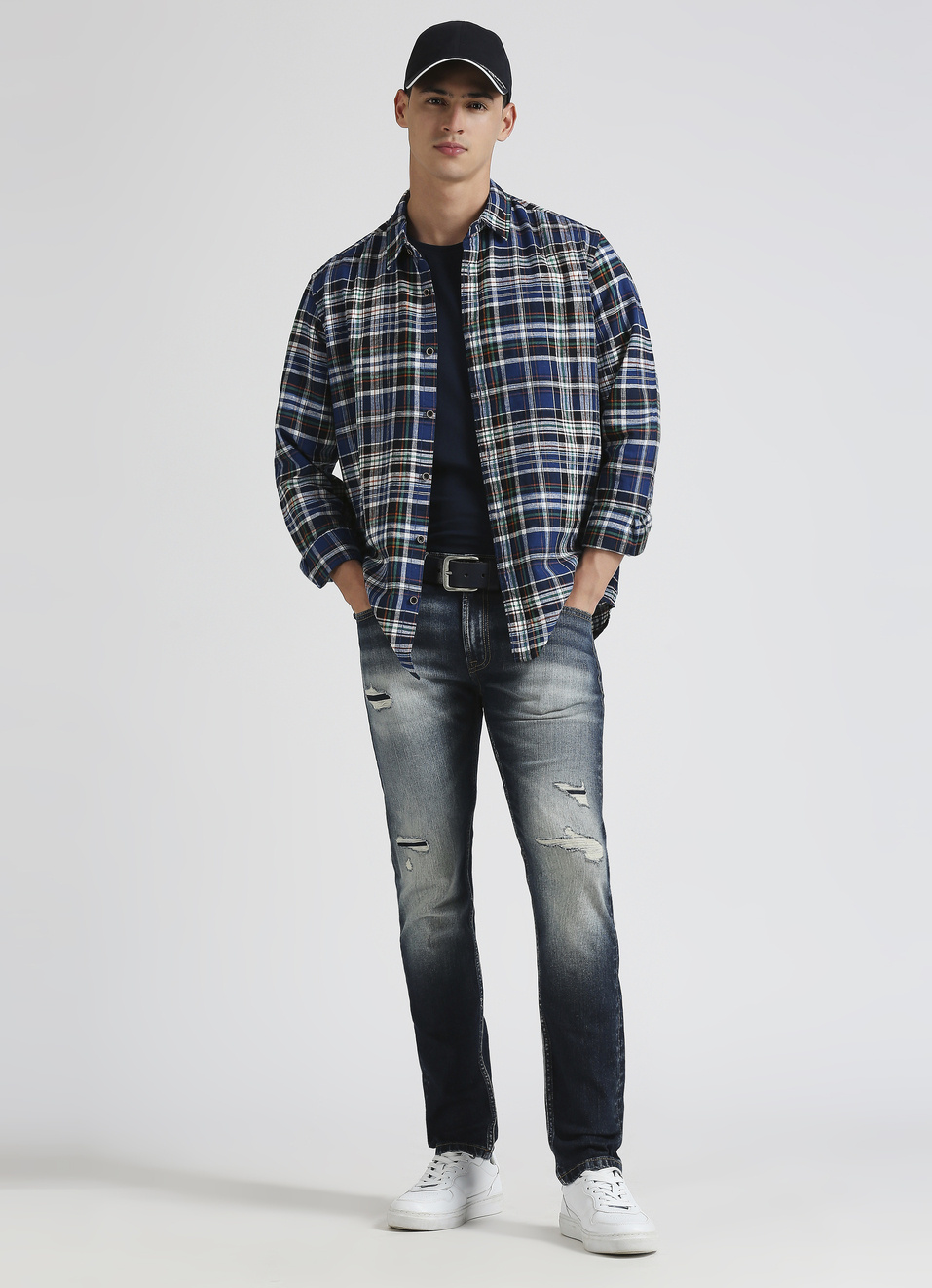 Blue Yarn Dyed Checks Linen Long Sleeve Shirt, , large image number 5