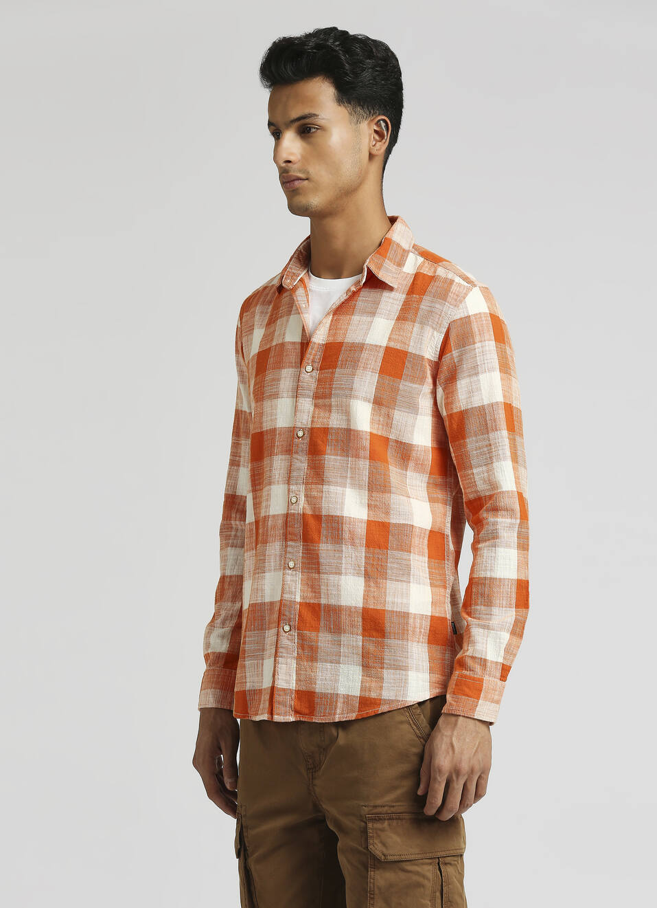 Orange Checks Yarn Dyed Slub Long Sleeve Shirt, , large image number 3