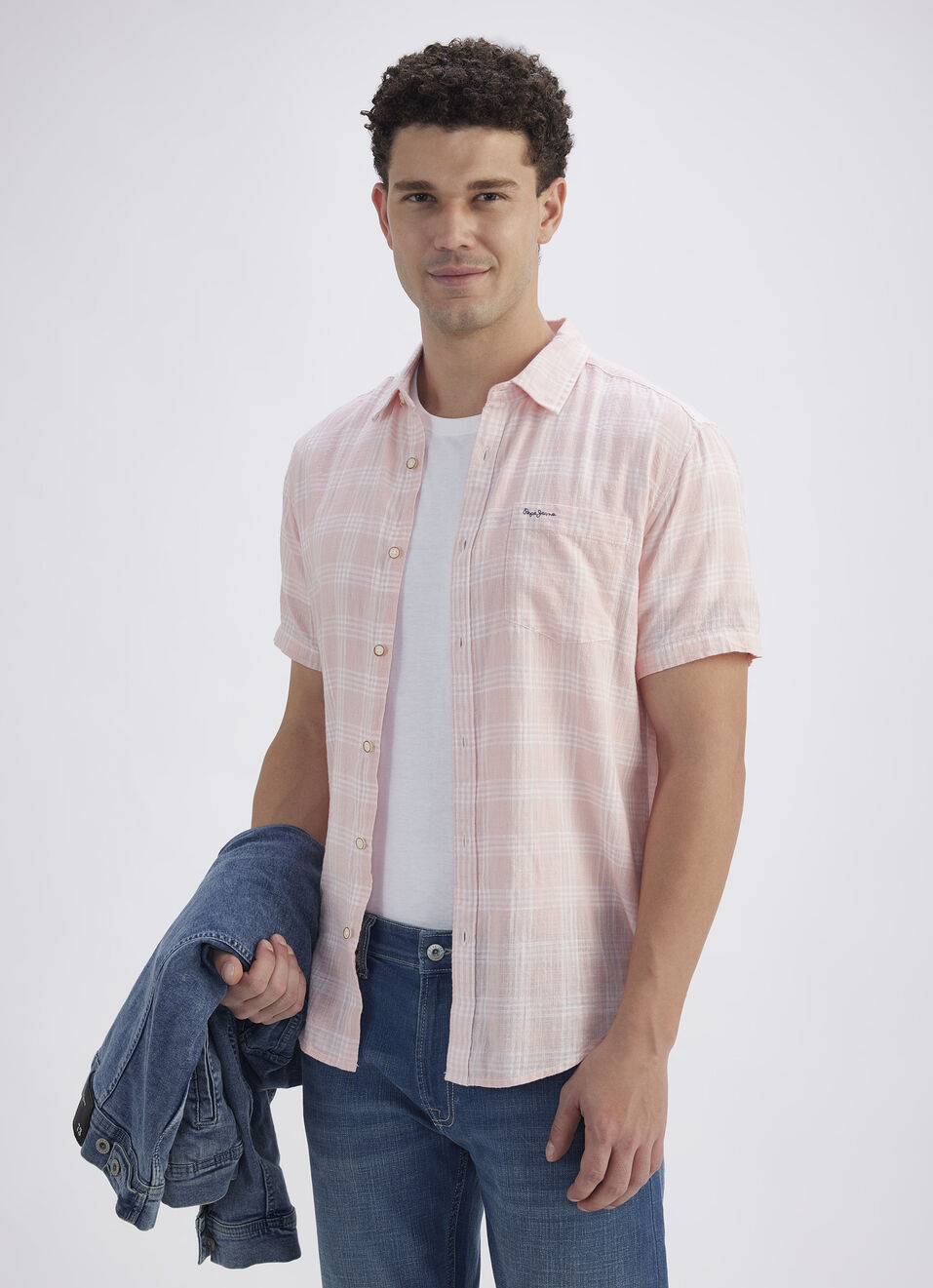 Men Peach Check Short Sleeve Shirt, , large image number 0