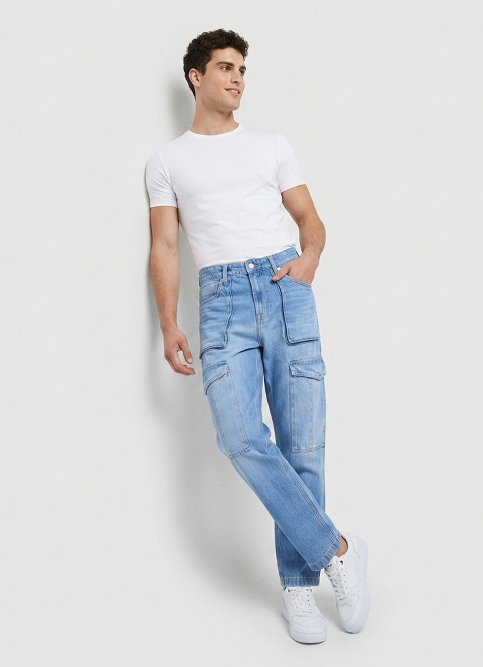 Men Blue Straight Fit Mid Rise Cargo Jeans, , large image number 7