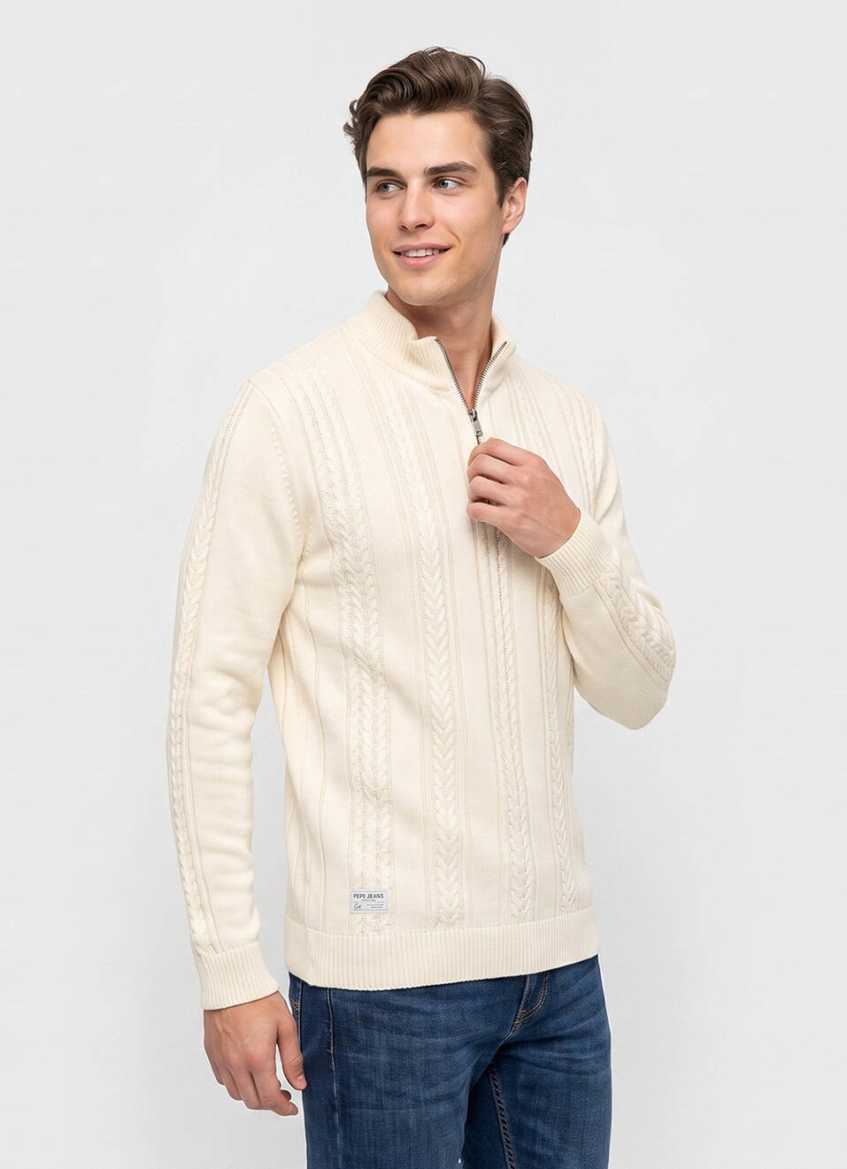 Men Off White Embroidered Full Sleeve Flat Knit Sweater, , large image number 3