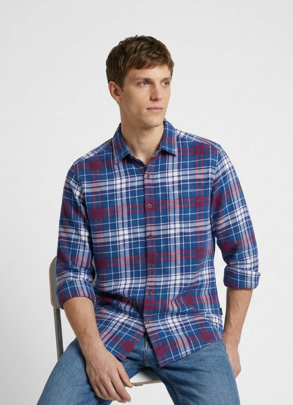 Men Blue Checked Brushed Long Sleeve Shirt, , large image number 0