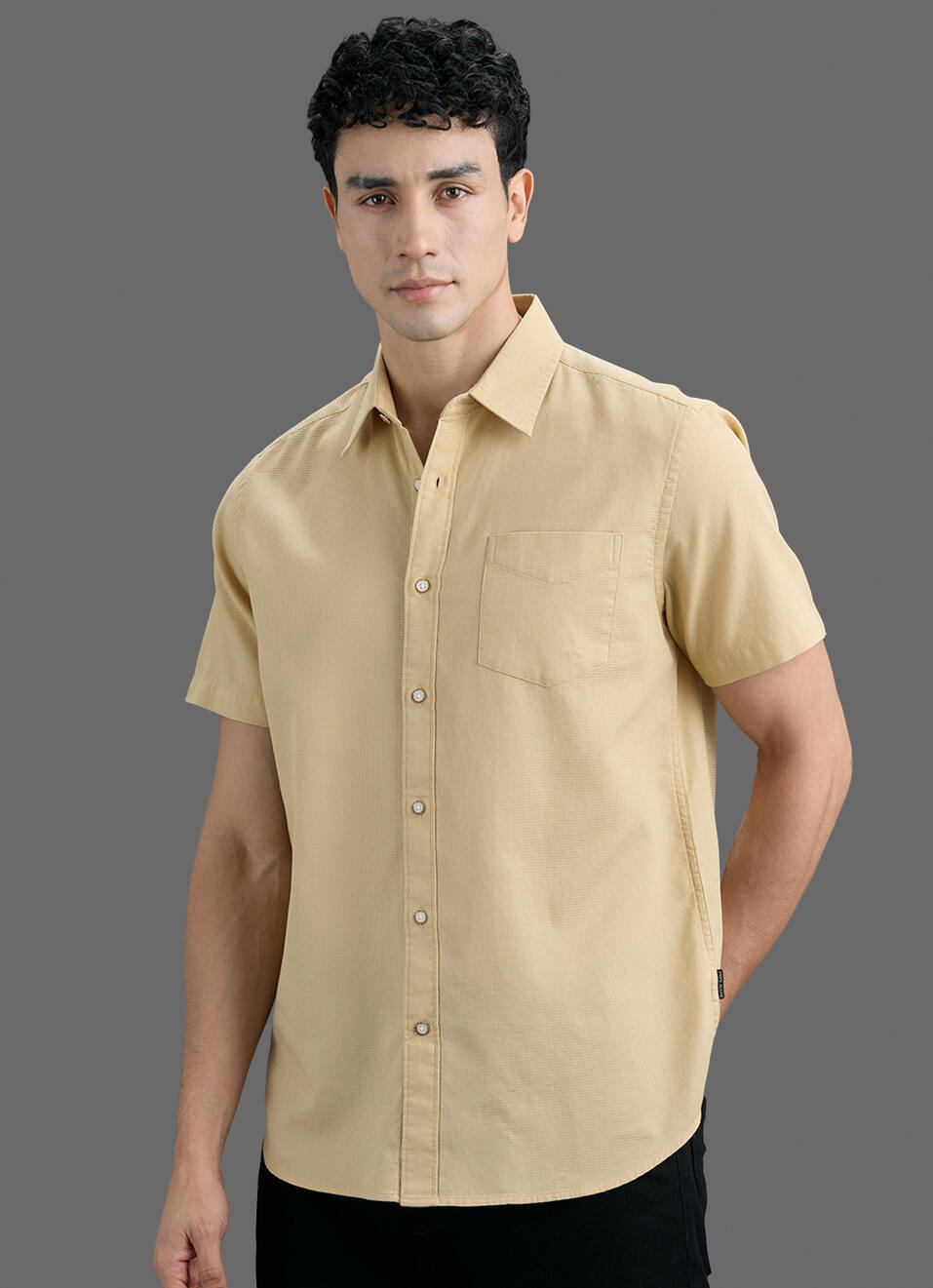 Men Beige Solid Dobby Short Sleeve Shirt, , large image number 7
