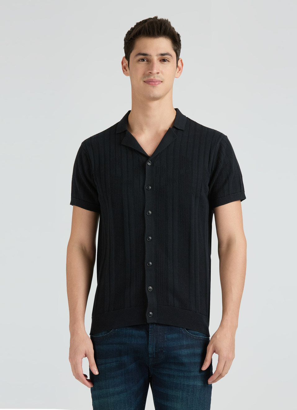 Black Resort Collar Short Sleeve Flat Knit Shirt, , large image number 1