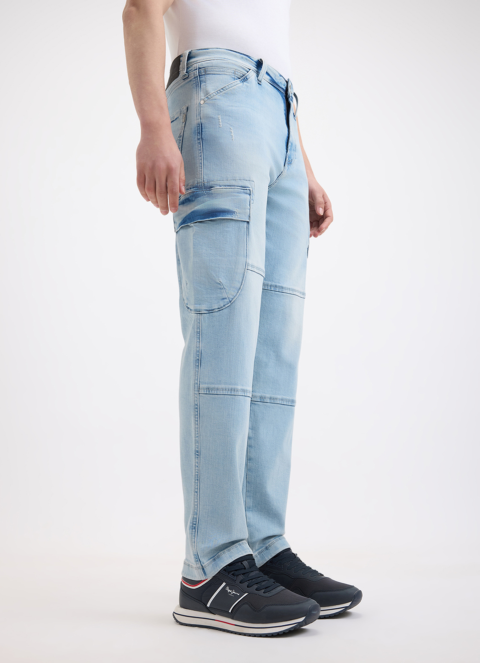 Men Blue Straight Fit Mid Rise Cargo Jeans, , large image number 5
