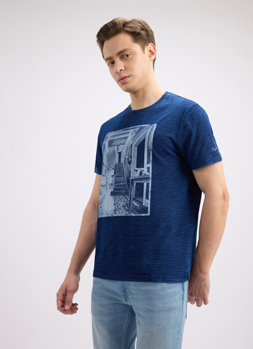 Men Indigo Photographic Print Short Sleeve T-shirt, , large image number 3