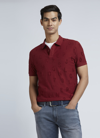 Burgundy Typographic Print Short Sleeve Polo
