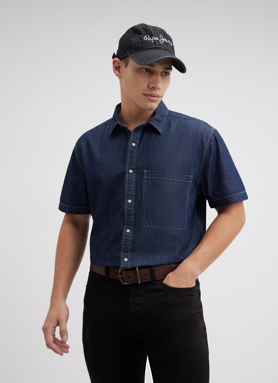 Men Blue Short Sleeve Oversized Denim Shirt, , large image number 0