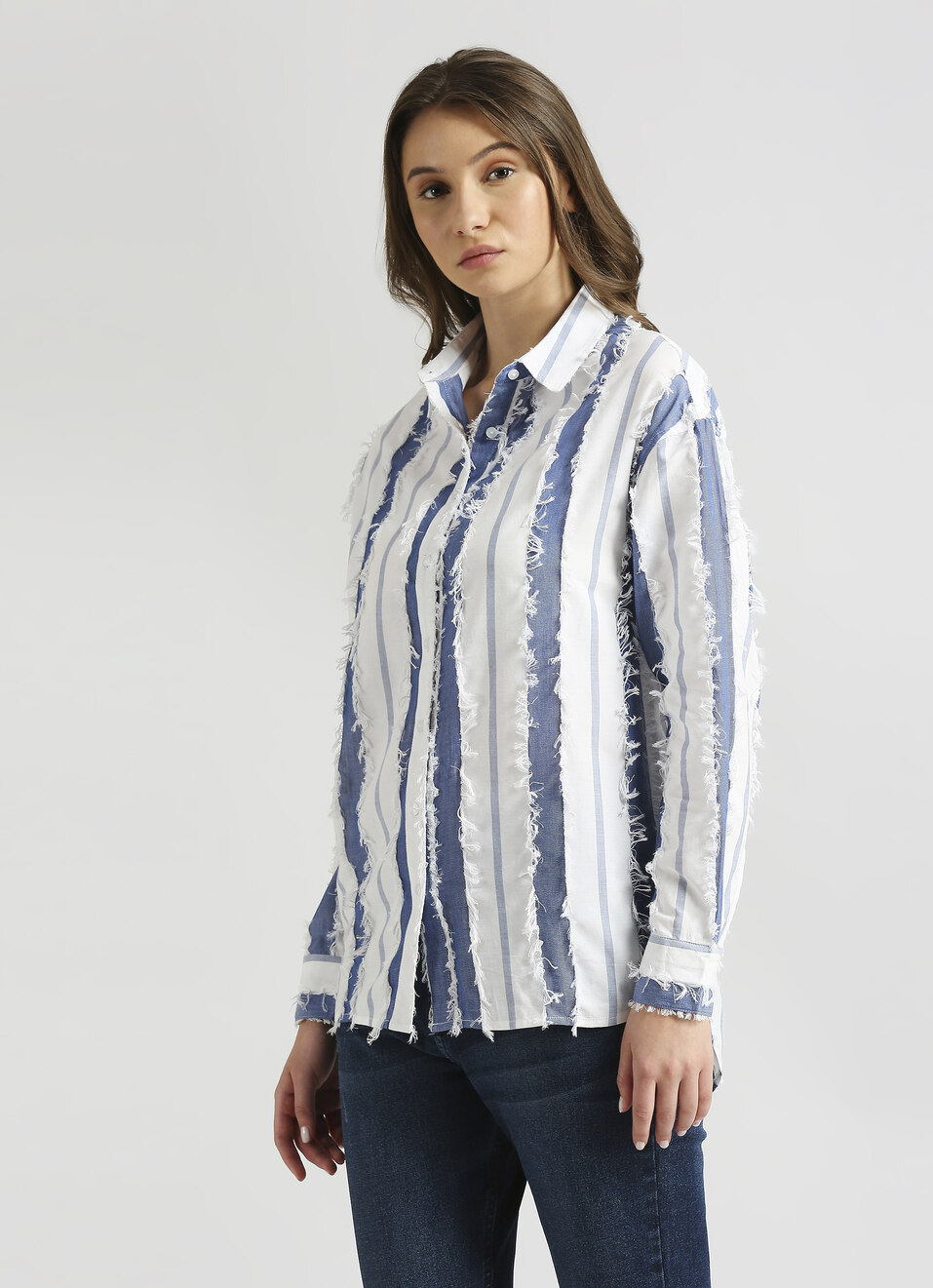 Blue Oversized Stripes Self Design Long Sleeve Shirt, , large image number 3