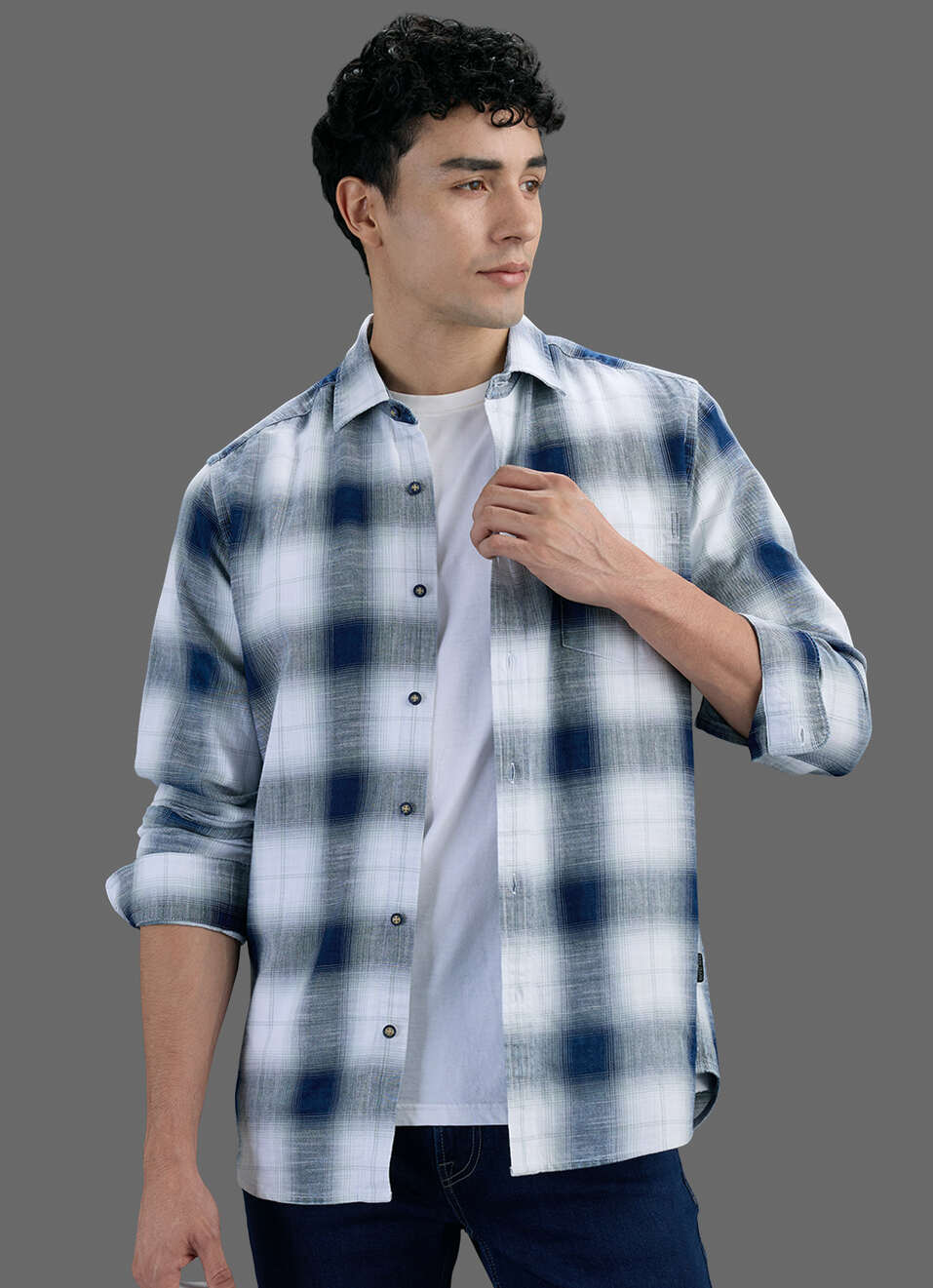 Men Blue Checked Long Sleeve Shirt, , large image number 5