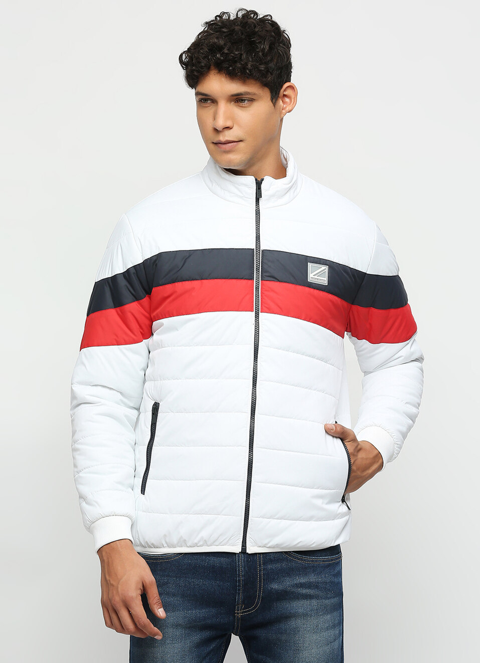 White Printed Puffer Jacket, , large image number 1