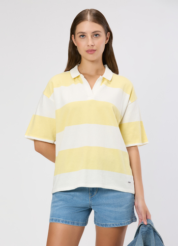 Women Yellow Striped Polo Collar T-shirt