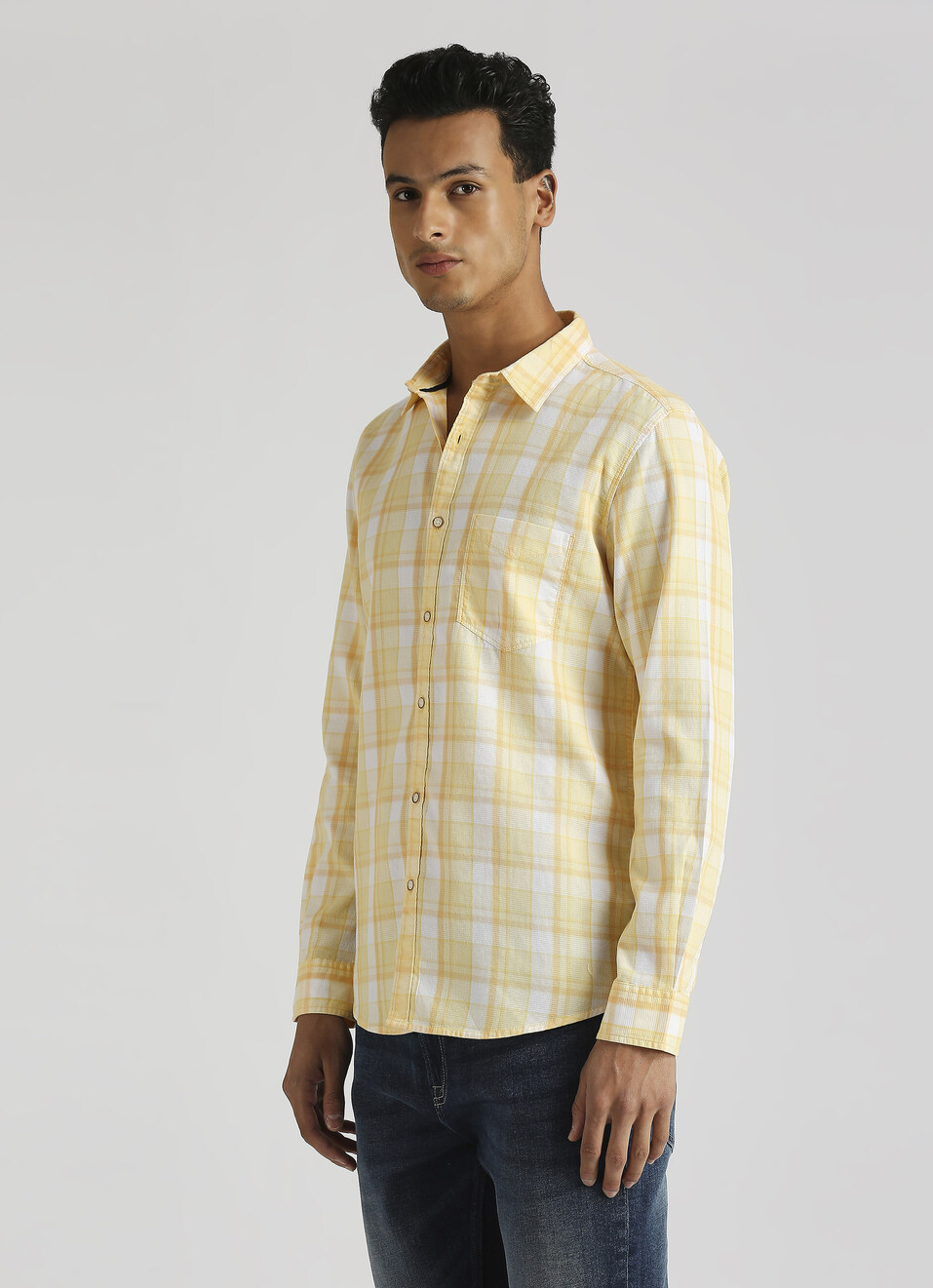 Yellow Plaid Summer Long Sleeve Shirt, , large image number 3