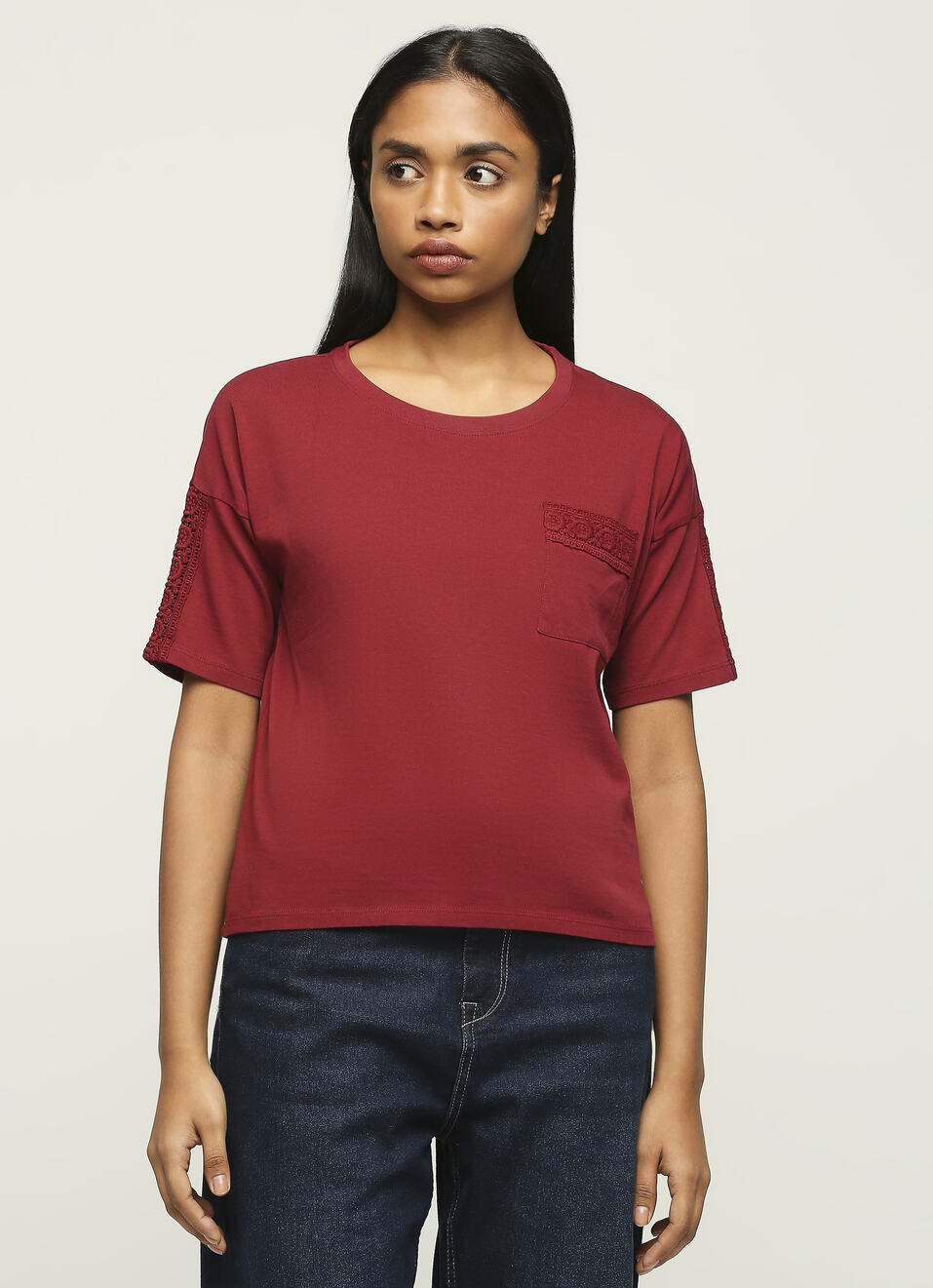 Burgundy Round Neck Short Sleeve T-shirt, , large image number 1