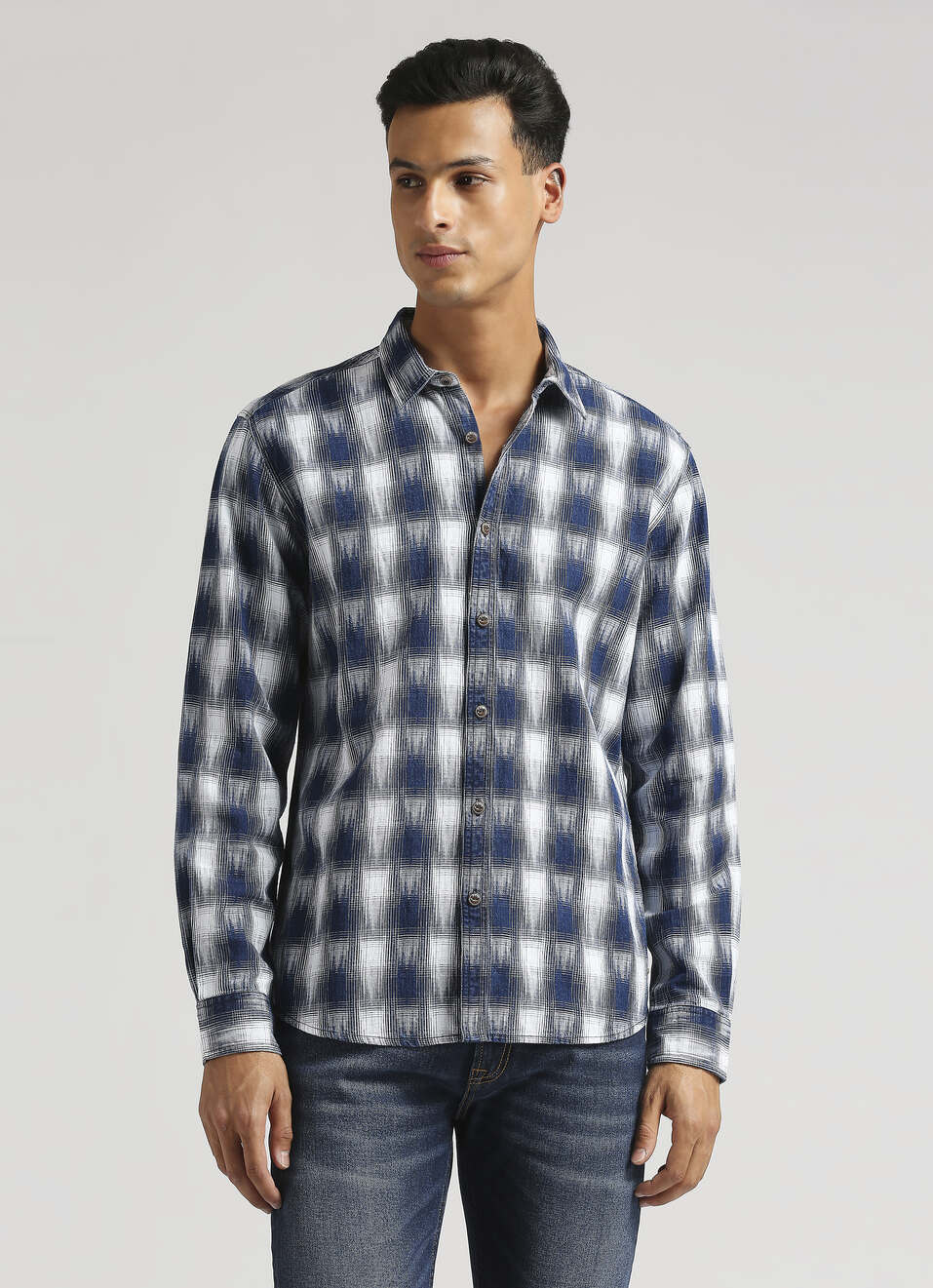 Yarn Dyed  Checks Indigo Long Sleeve Shirt, , large image number 1