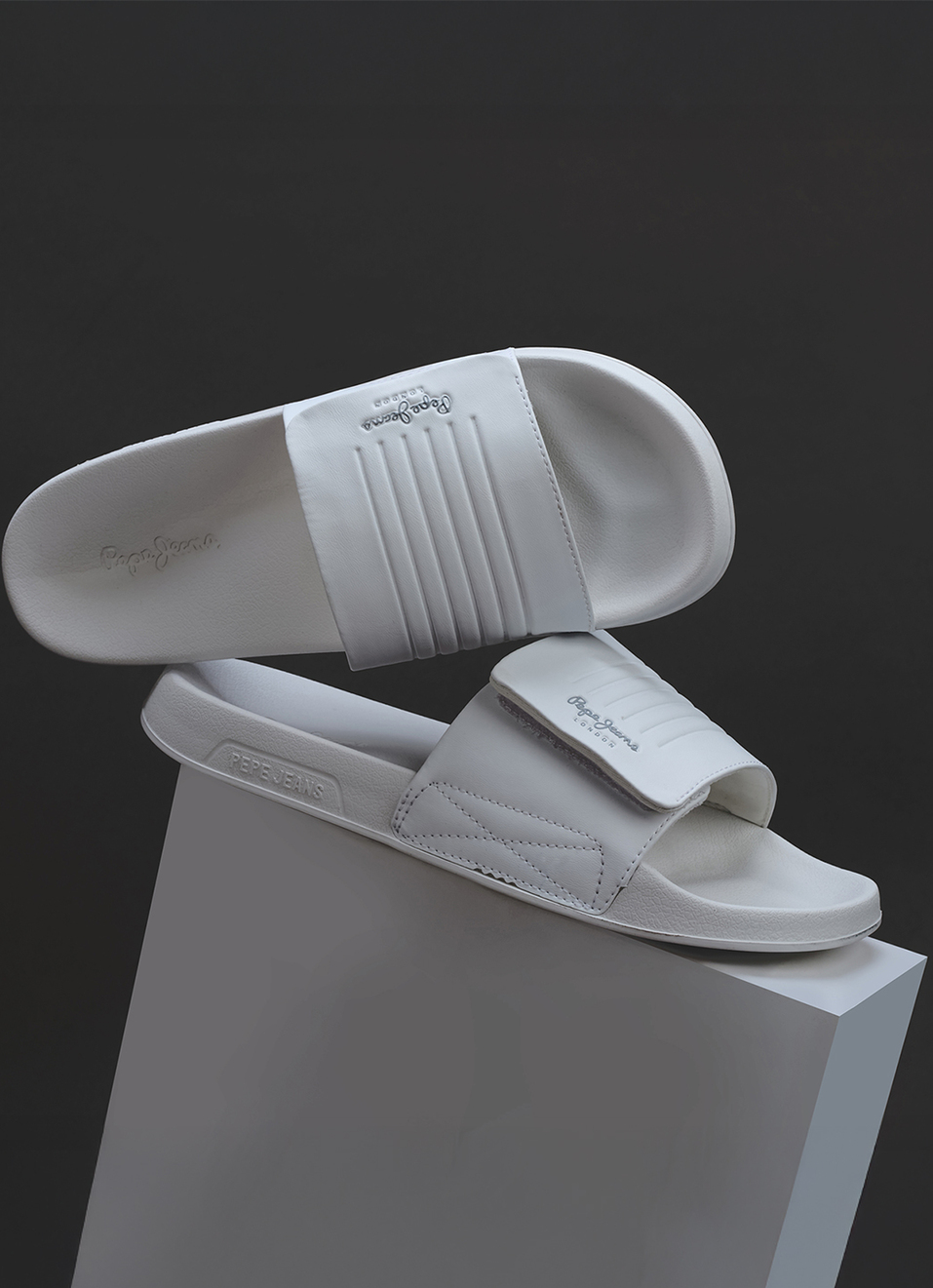 Men White Solid Velcro Strap Slides, , large image number 0