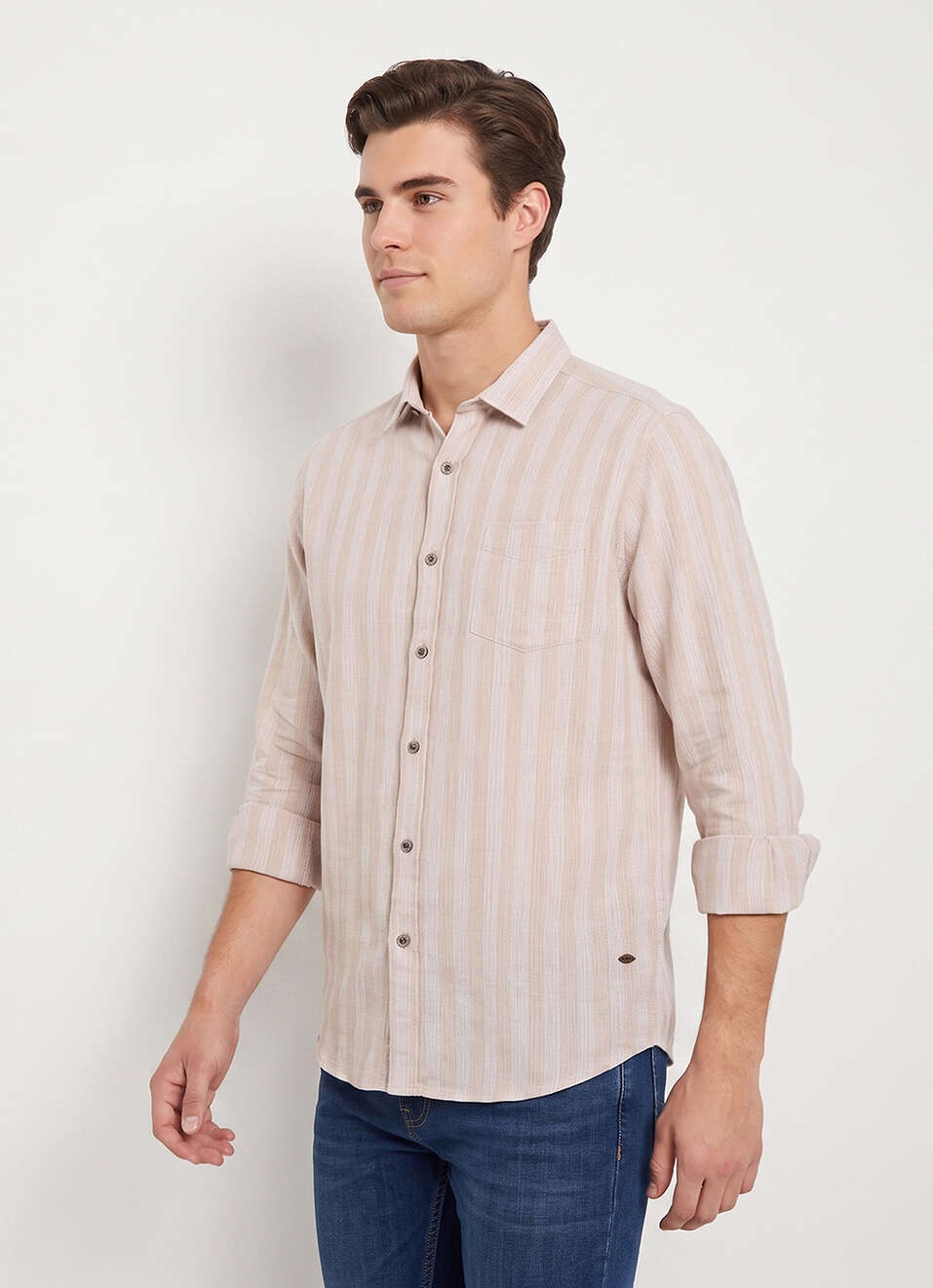 Men Beige Striped Dobby Long Sleeve Shirt, , large image number 3