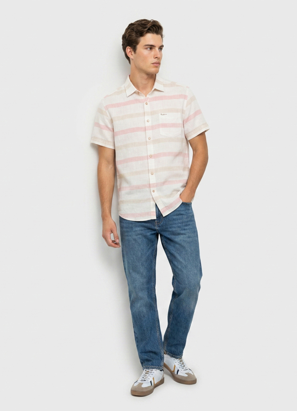 Men Peach Striped Short Sleeve Shirt, , large image number 5