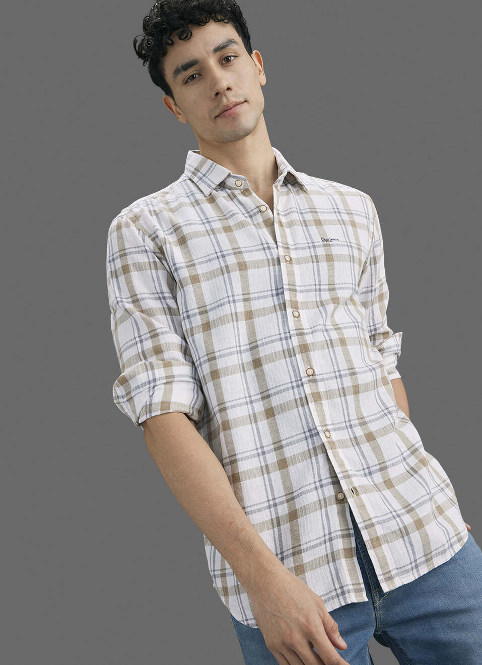 Men Beige Checked Long Sleeve Shirt, , large image number 0