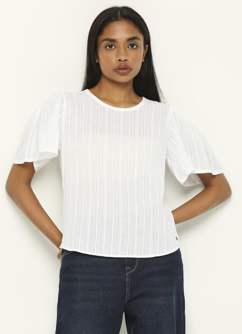 White Round Neck Short Sleeve Top, , large image number 0