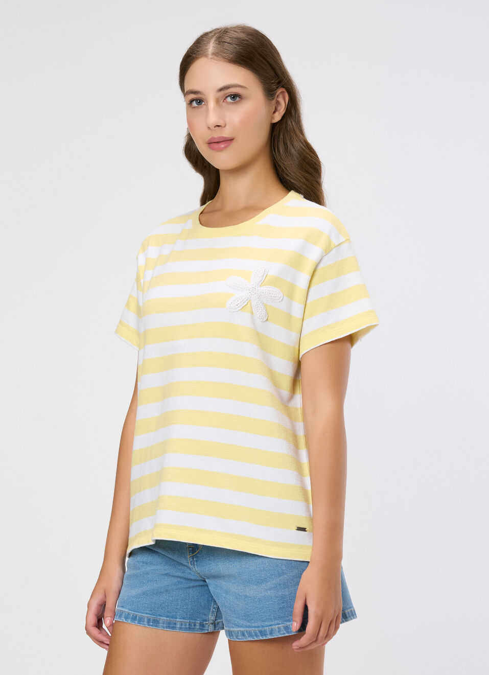 Women Yellow Striped Crochet Patch T-shirt, , large image number 3