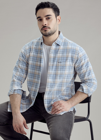 Men Blue Checked Corduroy Long Sleeve Shirt