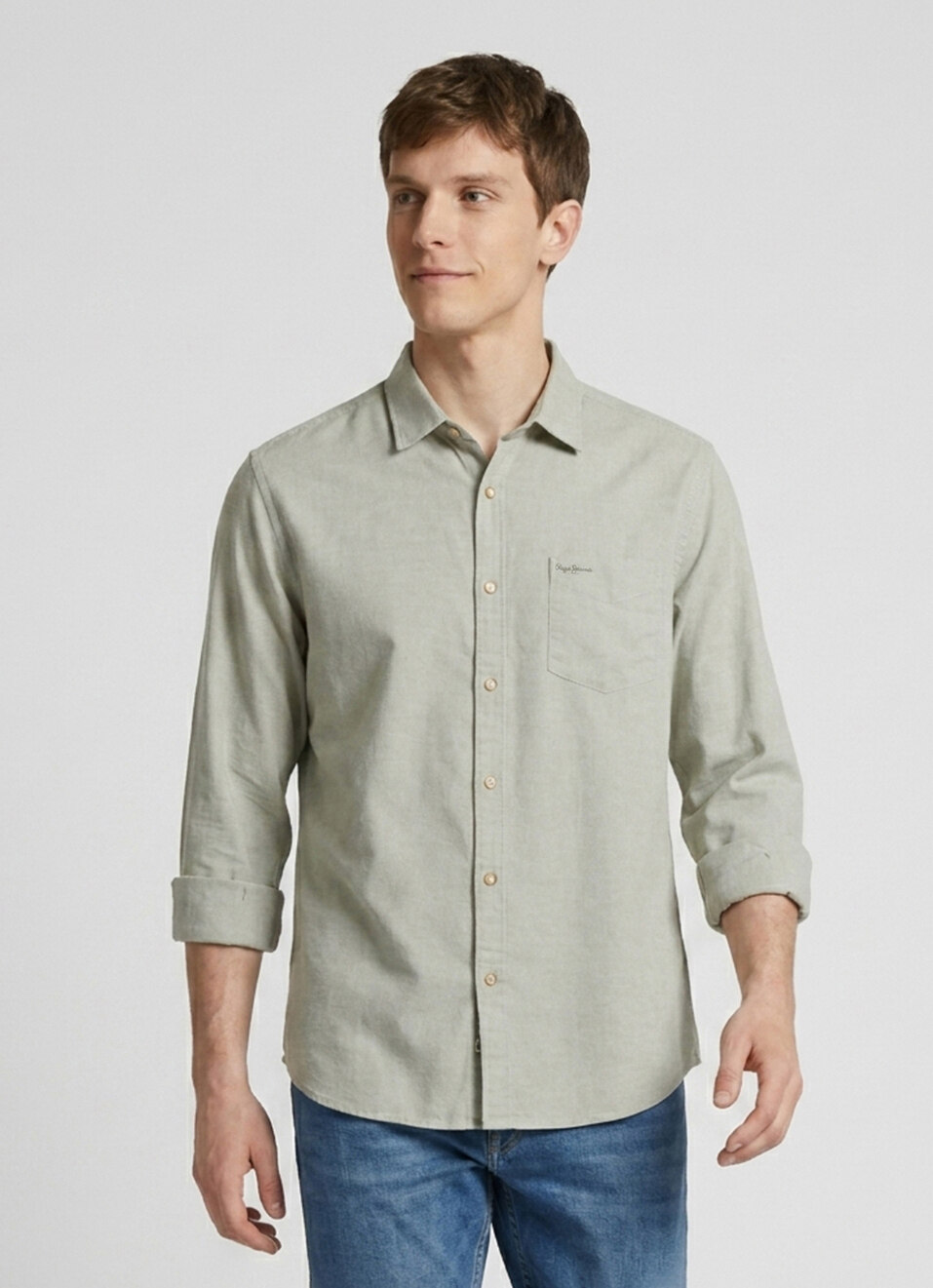 Men Olive Green Solid Oxford Long Sleeve Shirt, , large image number 1