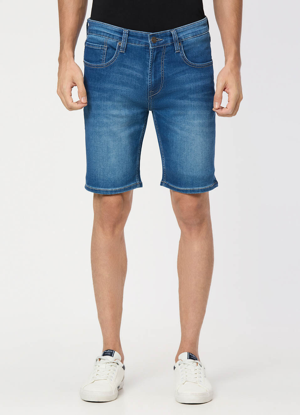 Men Blue Mid Rise Regular Fit Denim Shorts, , large image number 1