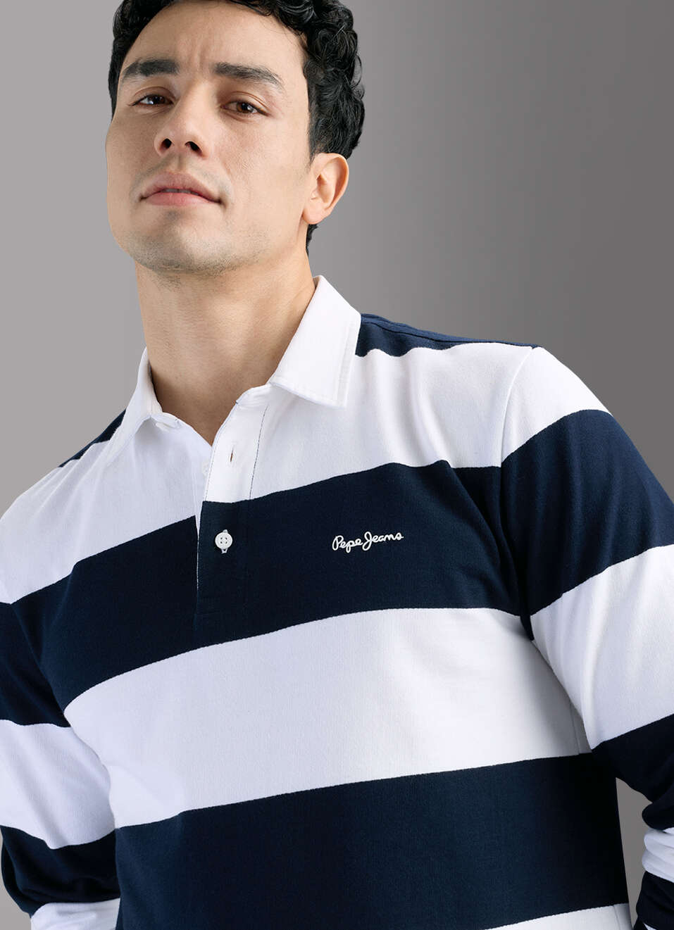 Men Navy Rugby Striped Polo T-shirt, , large image number 4