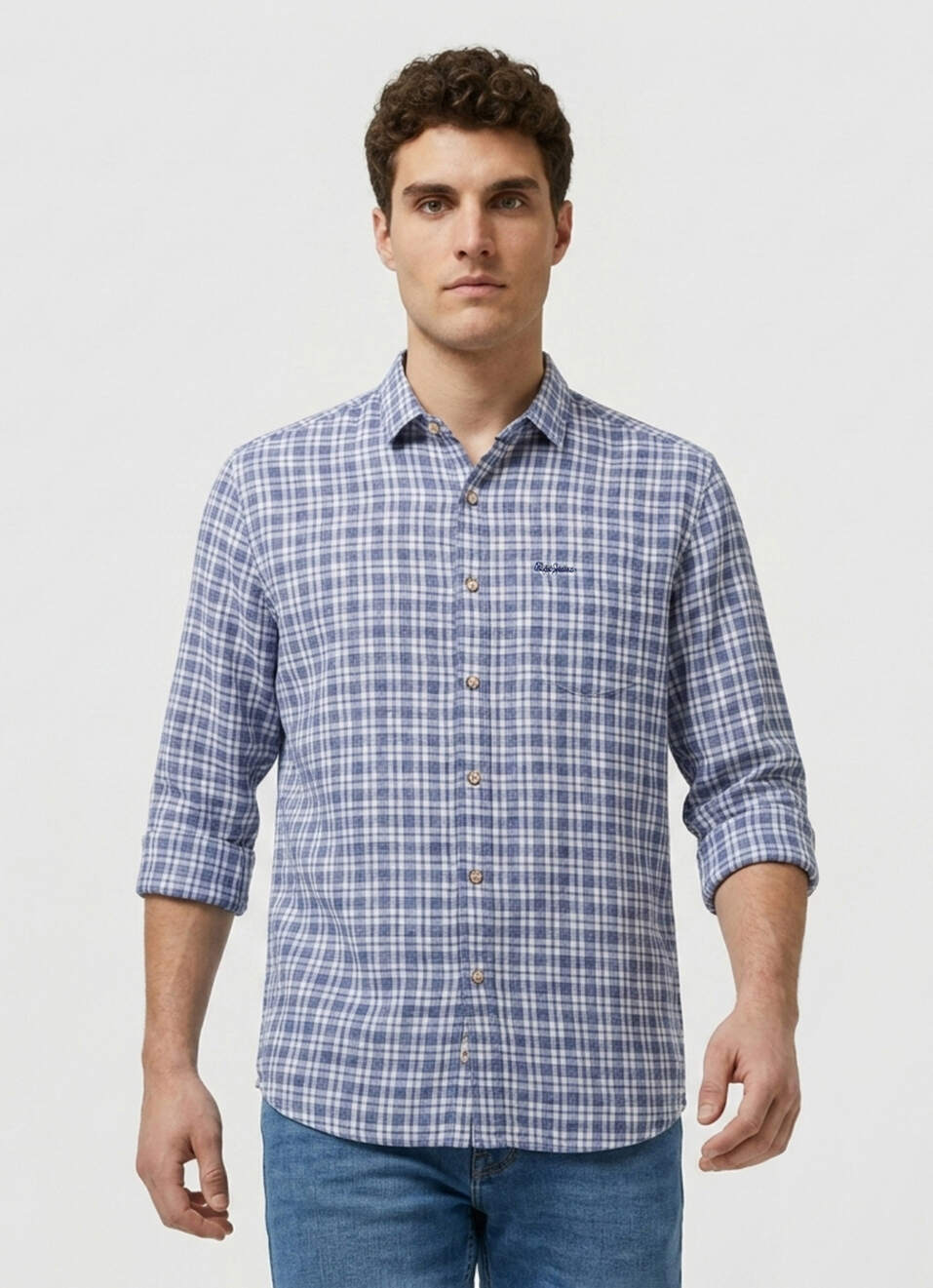 Men Blue Checked Herringbone Long Sleeve Shirt, , large image number 1