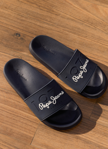 Navy Lightweight Beach Slides With Embossed Logo Print