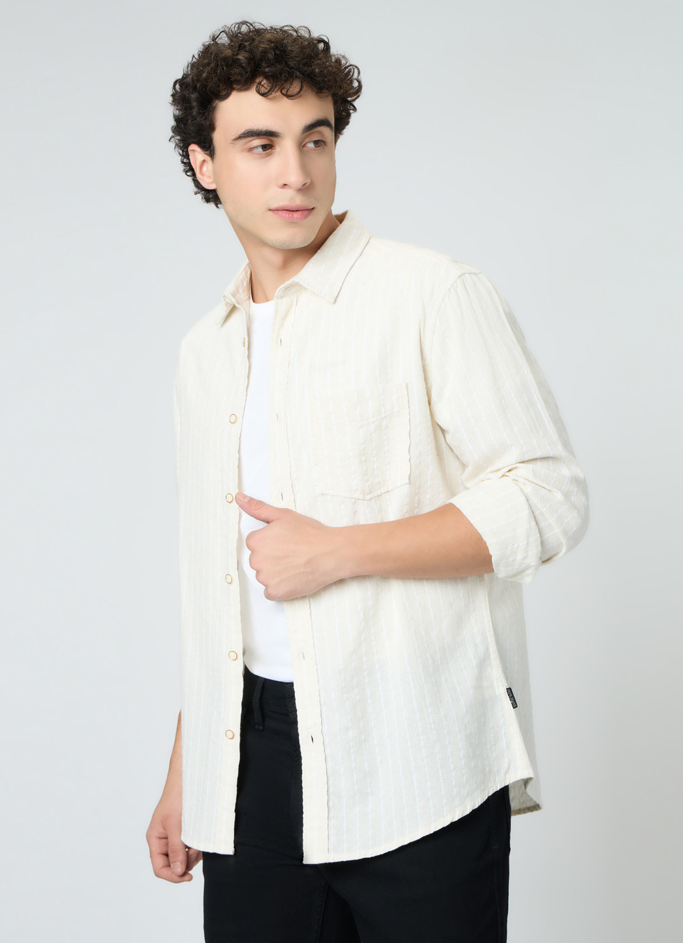 Men Natural Beige Striped Shirt, , large image number 3