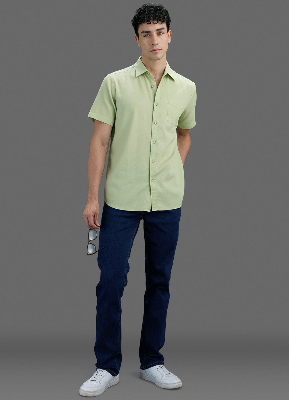 Men Lime Green Solid Dobby Short Sleeve Shirt, , large image number 2