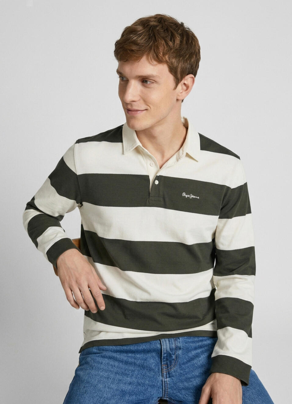 Men Olive Striped Rugby Polo Collar T-shirt, , large image number 0