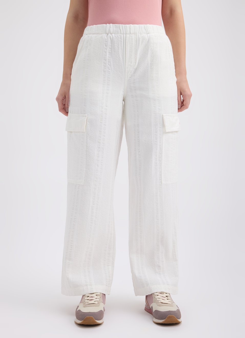 Women White High Rise Wide Leg Cargo Pants, , large image number 1