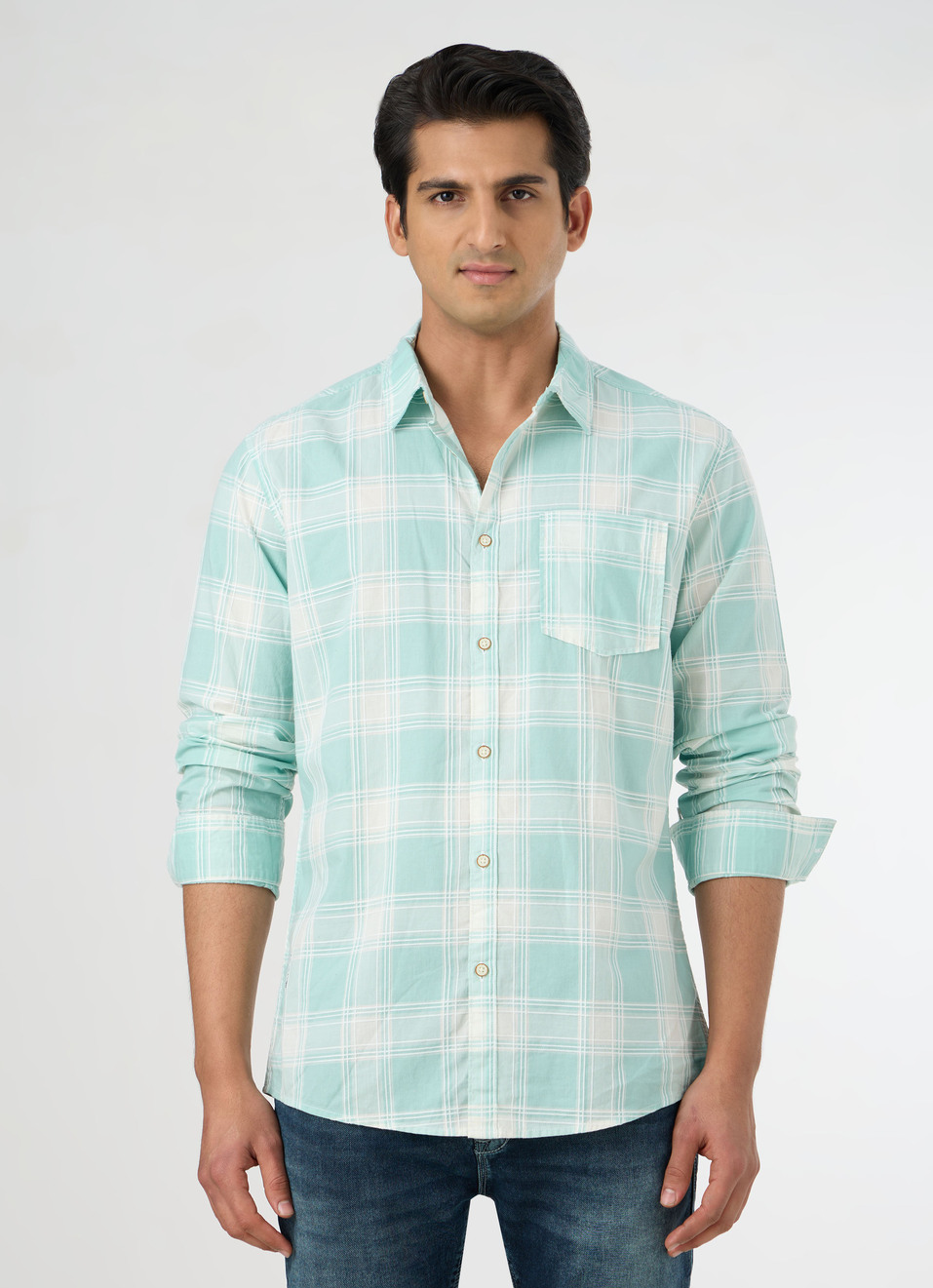 Men Aqua Blue Checked Shirt, , large image number 1