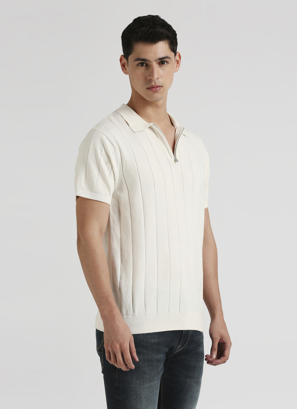 Off White Self Structured Striper Short Sleeve Polo , , large image number 3