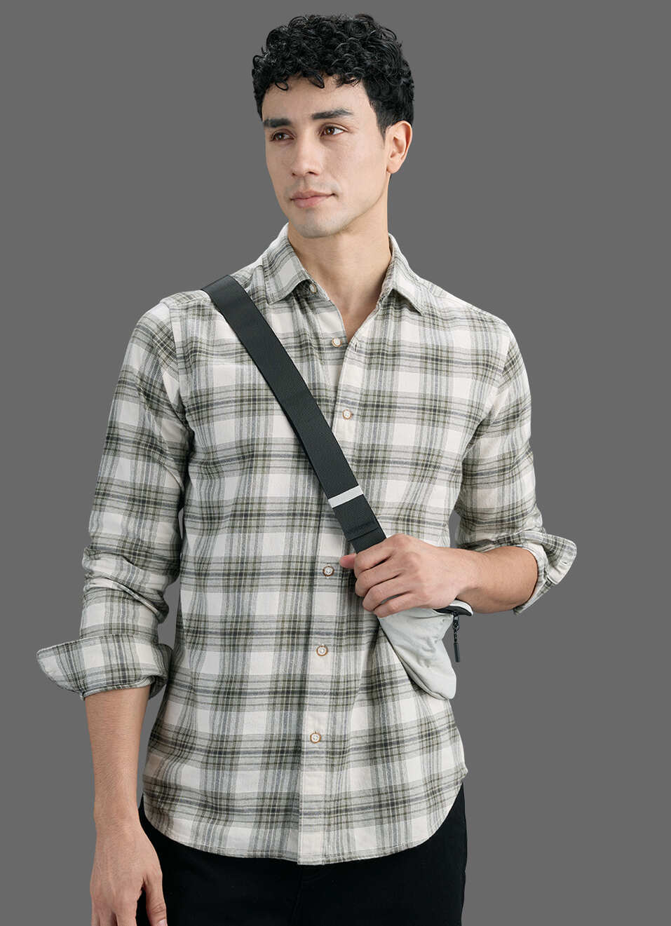 Men Olive Green Checked Brushed Twill Long Sleeve Shirt, , large image number 0