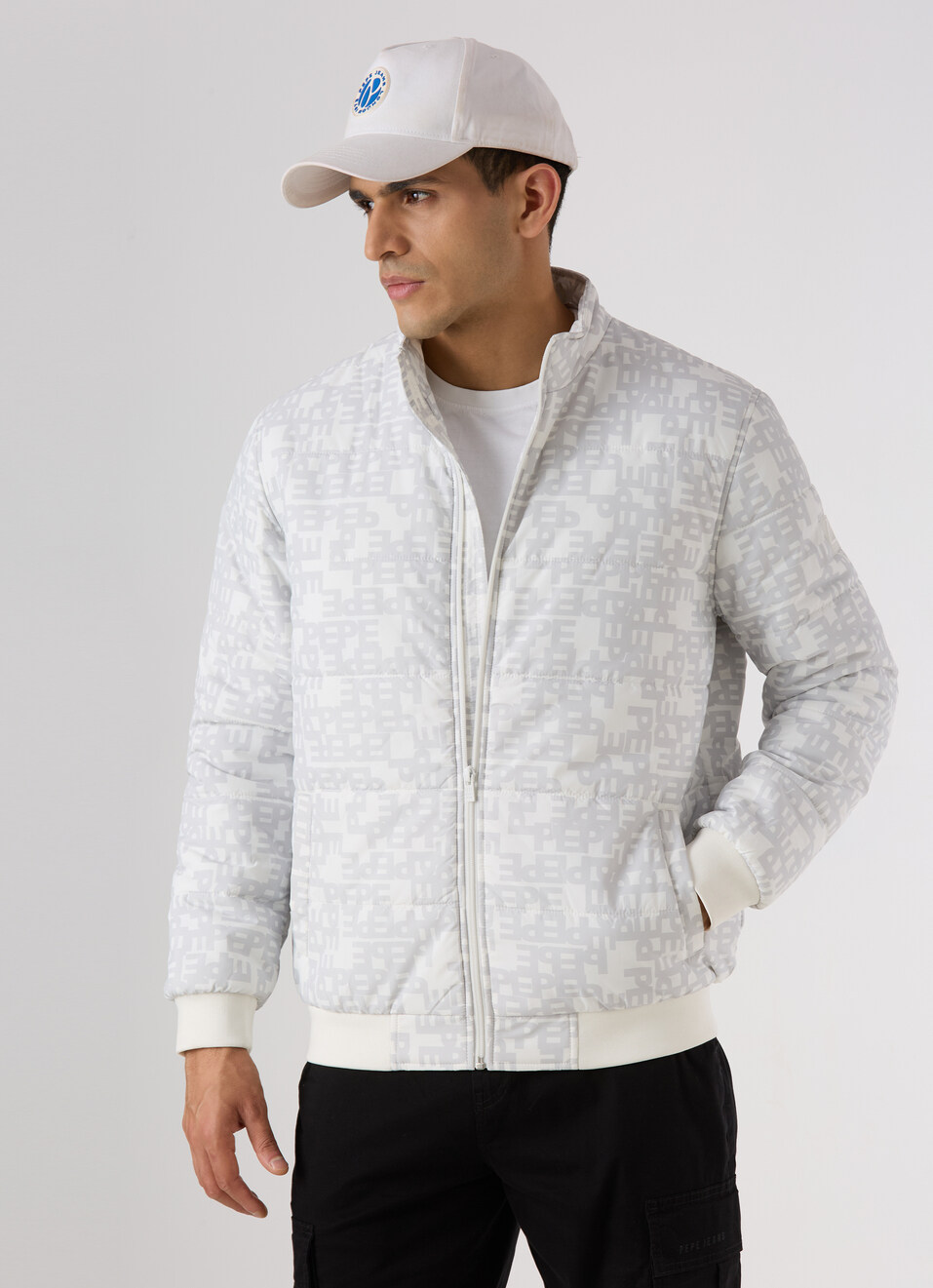 Men White All Over Print Quilted Puffer Jacket, , large image number 0