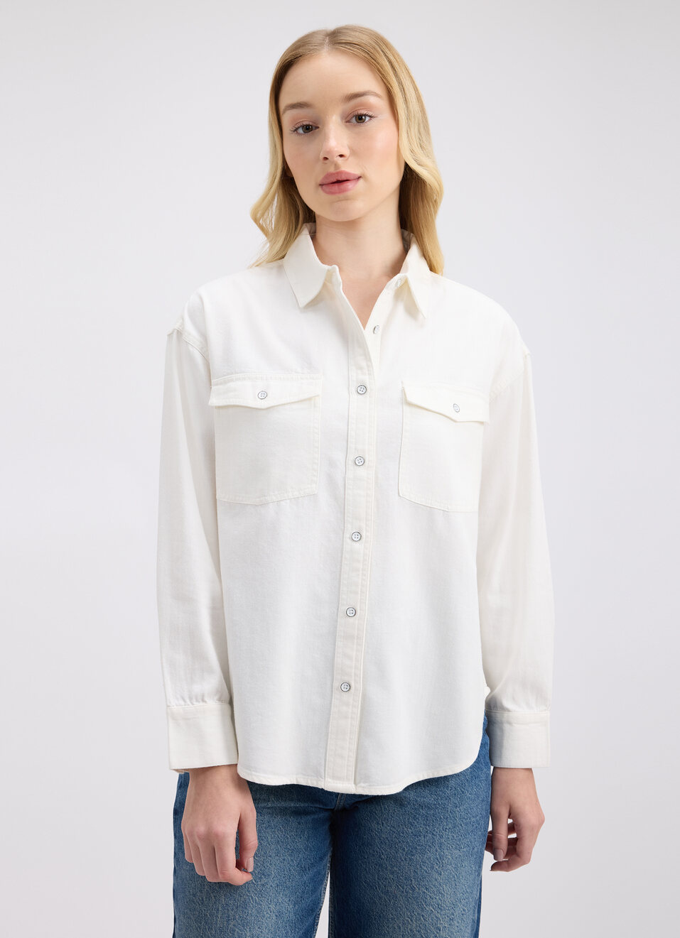 Women Ecru Double Flap Pocket Full Sleeve Oversized Denim Shirt, , large image number 1