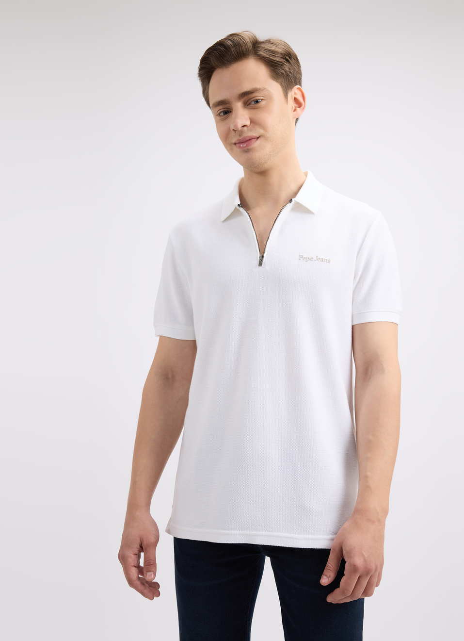 Men White Short Sleeve Zipper Polo, , large image number 1