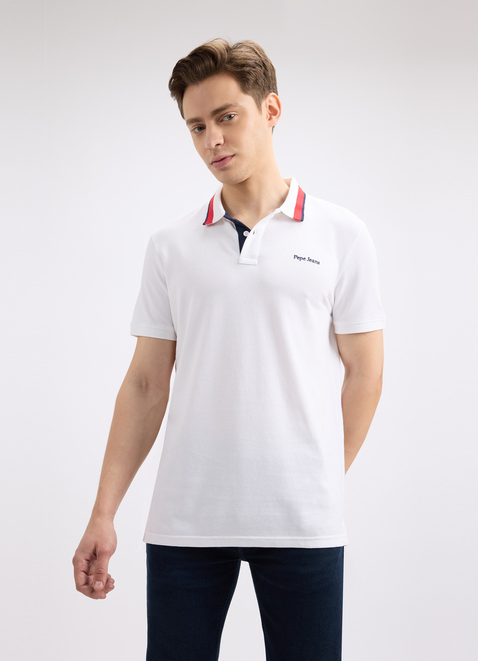 Men White Branded Collar Short Sleeve Polo, , large image number 1