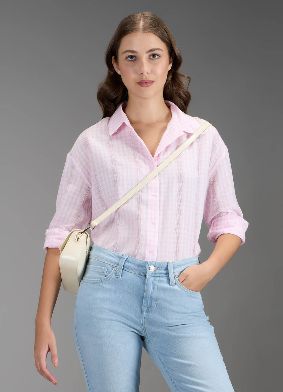 Women Pink Checked Oversized Shirt, , large image number 0