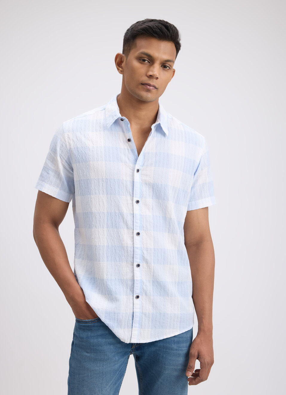 Men Blue Check Short Sleeve Shirt, , large image number 1